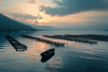 serene aquatic landscape, several fish pens float peacefully on the water, with one small boat attending to them, creating a harmonious scene of modern aquaculture and sustainable farming practices