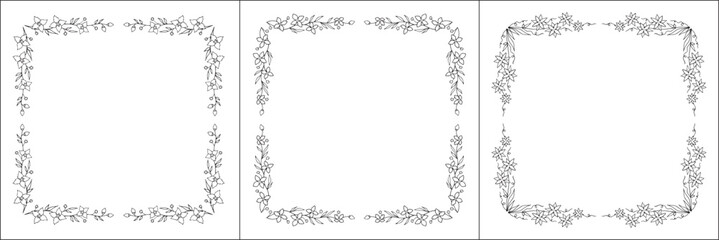 Set of three vegetal vector frames with forest flowers and leaves. Black and white. Vector frame for all sizes and formats. Isolated vector illustration.	