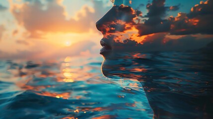 Double exposure of a woman's profile with a seascape at sunset, blending human emotions and nature into a surreal artistic composition.