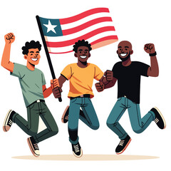 illustration of young people jumping for joy with the Liberian flag