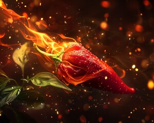 Fiery red chili pepper surrounded by flames and sparks, depicting intense heat and spiciness, perfect for culinary and food-themed projects.