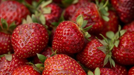 A close-up image of fresh, ripe red strawberries with green leaves