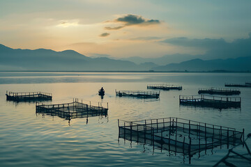 Obraz premium serene aquatic landscape, several fish pens float peacefully on the water, with one small boat attending to them, creating a harmonious scene of modern aquaculture and sustainable farming practices