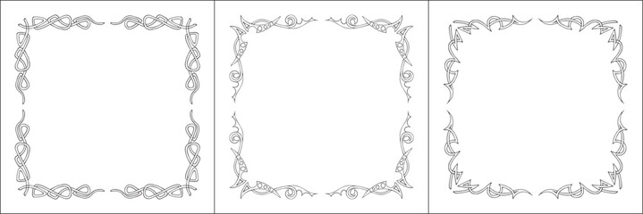 Set of three frames. Elegant black and white frame with Scandinavian ornament, decorative border, corners, isolated vector illustration.	
