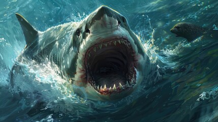 A great white shark with its mouth open wide, showcasing razor-sharp teeth as it hunts a seal in...