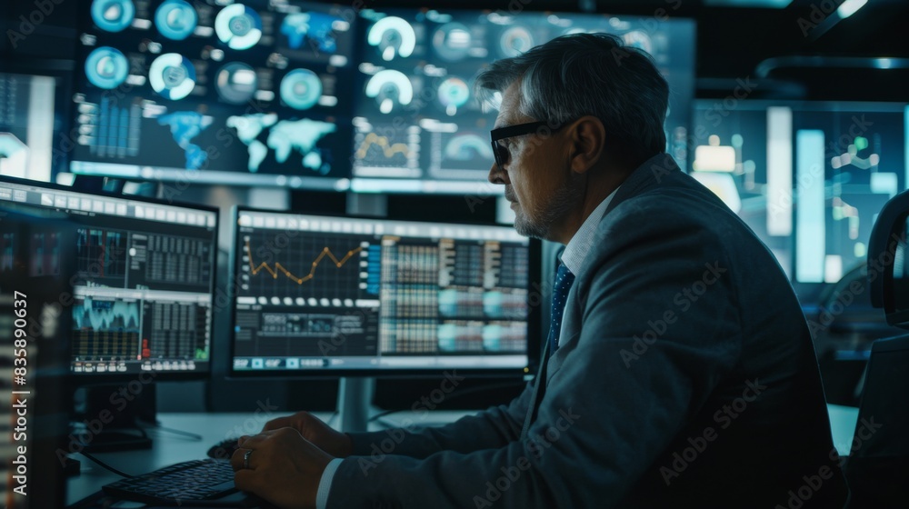 Leinwandbilder A CEO analyzing business graphs on a computer screen, reviewing key performance indicators and setting targets for company growth.