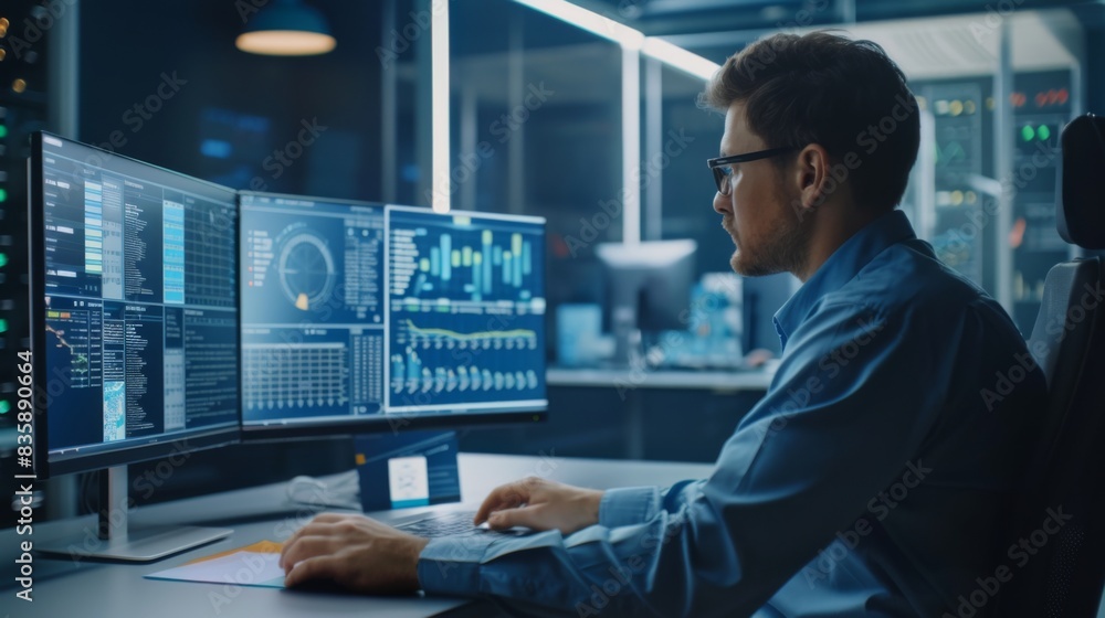 Poster A CEO analyzing business graphs on a computer screen, reviewing key performance indicators and setting targets for company growth.