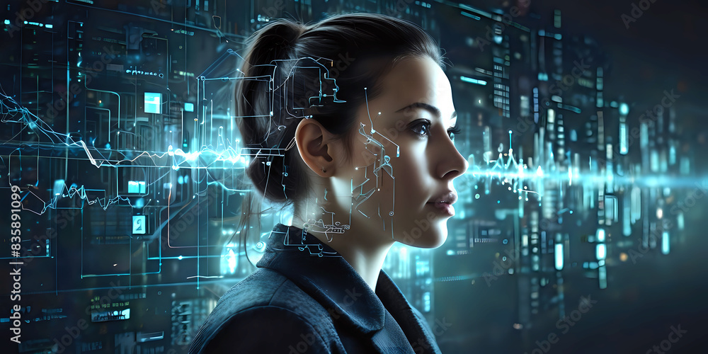 Poster a person surrounded by digital code and a global network technology background. design illustration.