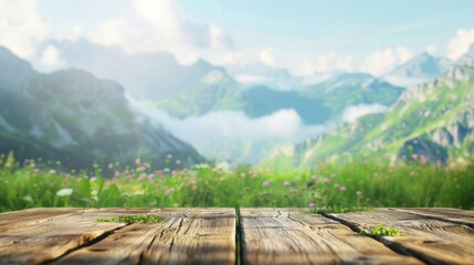 Fototapeta premium Wooden table top on blur mountain and grass field.Fresh and Relax concept.For montage product display or design key visual layout.View of copy space. 