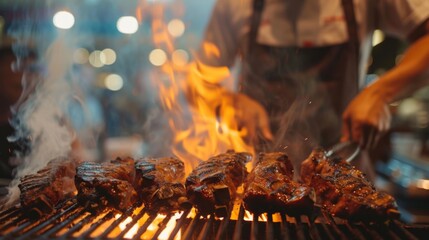 A chef grilling pork steaks over an open flame, basting them with a flavorful marinade for a delicious smoky taste.