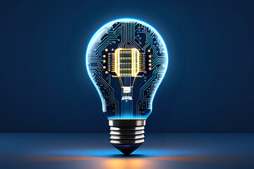 Glowing light bulb with circuit board inside on dark blue background,desnig illustration.	