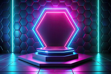 Pink and blue neon hexagonal frame on a stage.