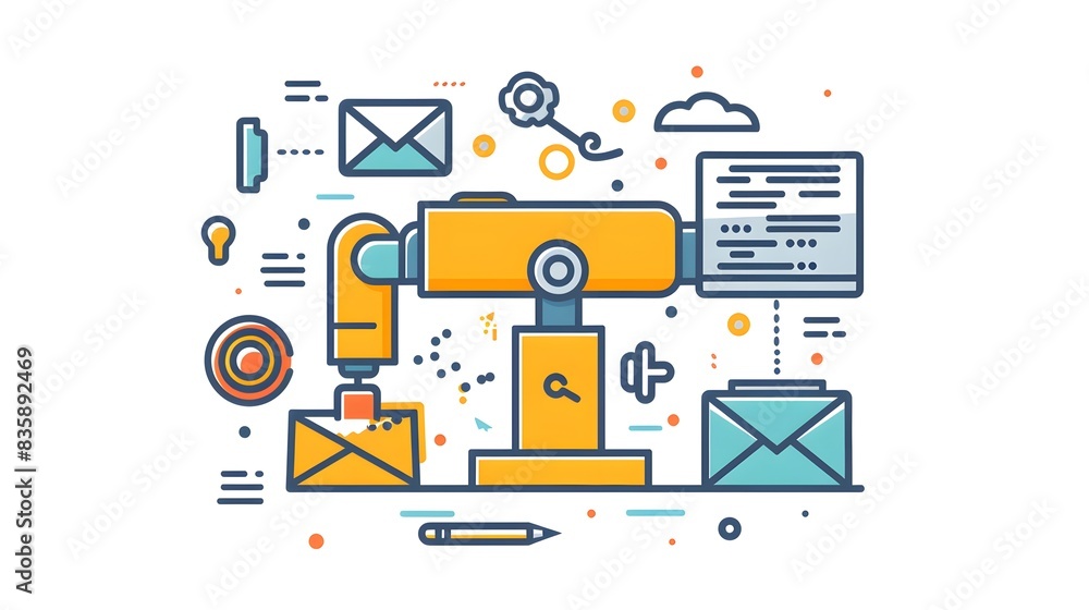 Poster a robotic arm operating marketing automation software, seamlessly executing tasks like email schedul