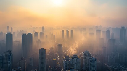 Fototapeta premium A cityscape shrouded in fog at sunrise, with tall buildings silhouetted against the golden light.