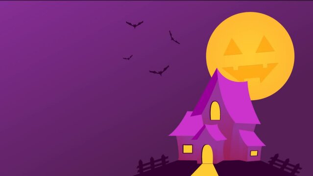 Animated halloween background with house, bats, and moon.
