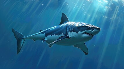 Fototapeta premium A majestic great white shark swimming gracefully through the deep blue sea, with sunlight filtering through the water