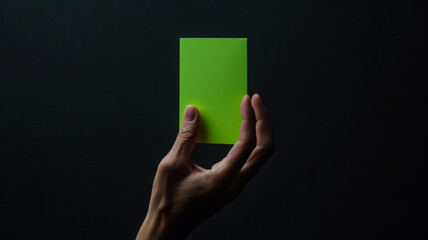 A hand holds a vibrant green rectangle against a black backdrop, captured with precision and balance.generative ai