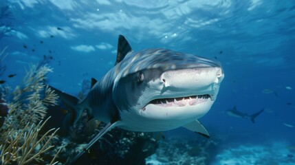 Fototapeta premium A close-up of a tiger shark's face as it patrols the reef, its distinctive stripes and powerful jaws visible in the clear water.