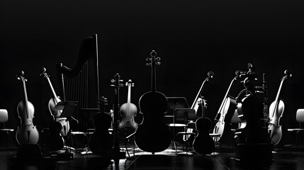 composition of symphony orchestra instruments, only silhouettes are visible, black background