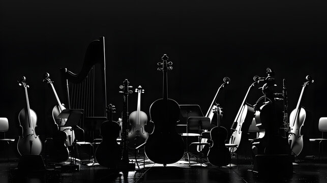 composition of symphony orchestra instruments, only silhouettes are visible, black background