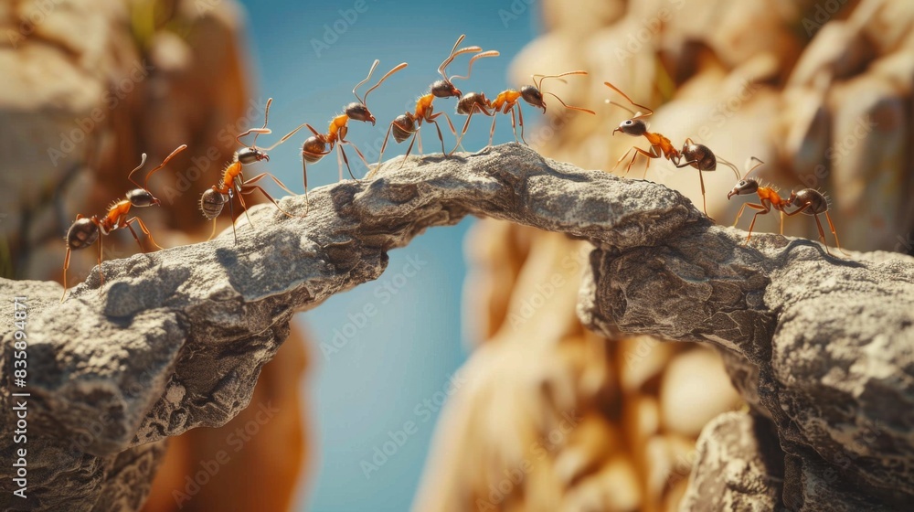 Poster A close-up of ants building a bridge with their bodies to traverse an obstacle, showcasing their problem-solving abilities and teamwork.