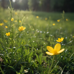 Fototapeta premium yellow flowers in a field of grass with the sun shining