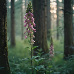 Obraz premium a tall plant with pink flowers in the middle of the forest