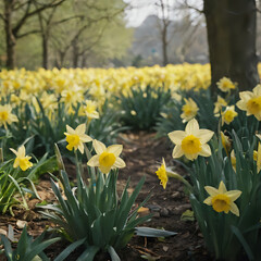 Fototapeta premium yellow daffodils in a field of brown dirt and trees