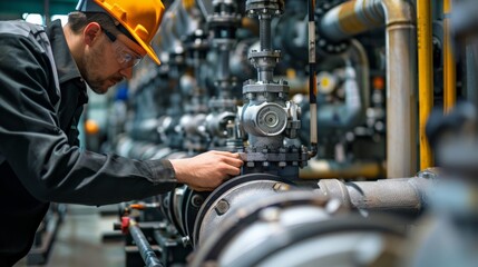 Male worker at water supply station inspects water pump valves equipment in at a large industrial estate. Water pipes. Industrial plumbing.,gas pipe valves, oil valves, water valves,