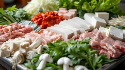 A close-up of assorted fresh ingredients for shabu-shabu, including thinly sliced meats, tofu, mushrooms, and leafy greens, ready to be cooked in a hot pot.