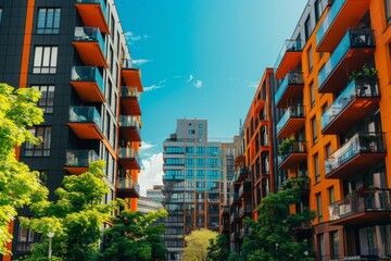 Beautiful sunny day in modern residential area with green cityscape and apartment buildings