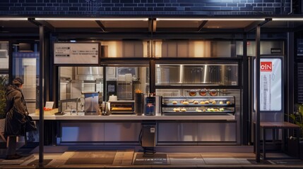 A futuristic street food stall with automated cooking and digital payment options, serving classic Japanese snacks like takoyaki and taiyaki, emphasizing modern street culture.
