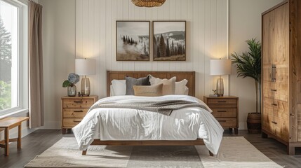 A bedroom with the bed centered on the main wall, bedside tables with lamps, and a wardrobe for storage --ar 16:9 --style raw Job ID: e8544487-4fd0-41e1-883d-4d4f76b78004