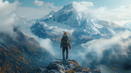 Obraz premium hiker standing on a top of a mountain,generative ai