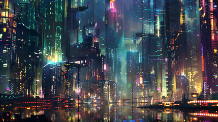 A futuristic cityscape at night, with towering metallic skyscrapers illuminated by vibrant lights and reflections