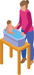 Fototapeta premium Isometric illustration of a mother bathing her baby in a tub