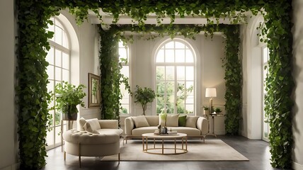 Lush oasis with ivy frames, beauty of climbing vines and green leaves from creeper plants