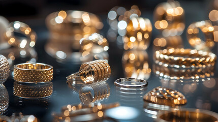 Elegant metallic jewelry displayed on a reflective surface, with fine details and craftsmanship clearly visible