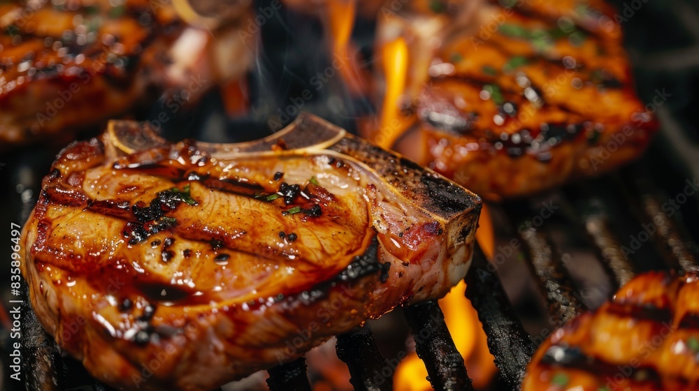 Wall mural A close-up of marinated pork chops sizzling on a hot grill, with flames licking the meat and infusing it with smoky flavor. - Wall murals