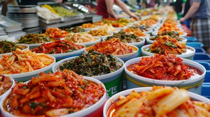 Fototapeta premium a bustling modern market, showcasing rows of colorful kimchi varieties in a setting of a high-tech urban market, emphasizing freshness and variety. 