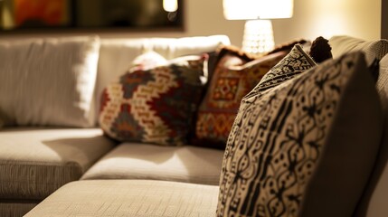 Relaxing family room, close-up on soft sectional with patterned throw pillows, warm indirect lighting 