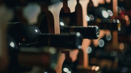 Naklejka premium Exquisite wine cellar, close-up on rows of vintage wines in bespoke racks, soft spotlight 