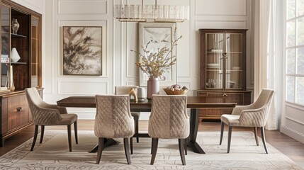 A dining room with the table as the centerpiece, elegant chairs, and a balanced arrangement of decor items --ar 16:9 --style raw Job ID: 88de25d4-bc17-4c20-a775-60672a2a5527
