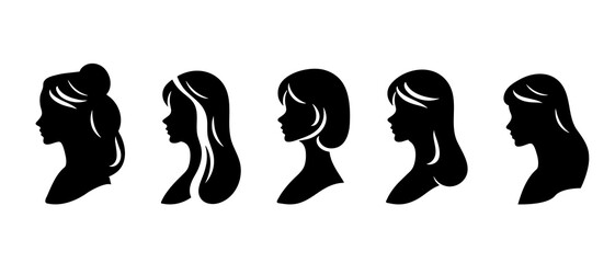 woman hairstyle,  female face, cute girl collection, young girl side view profile silhouette black filled vector illustration icon set.