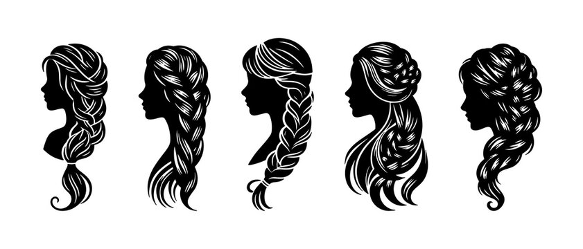 woman wedding hairstyle, braid hairstyle for female, cute girl collection, young girl side view profile silhouette black filled vector illustration icon set.