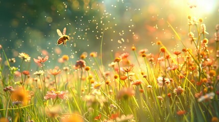 A scenic meadow with a bee flying low over the flowers, sunlight dappling the grass and a light wind