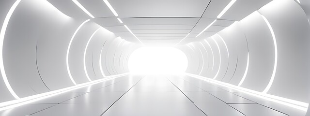 White Background 3D Room with Light Abstract Space. Technology Tunnel Stage Floor. Empty White Future 3D Neon Background Studio. Futuristic Corridor, Modern Interior, Silver Road, Black Wall Design.