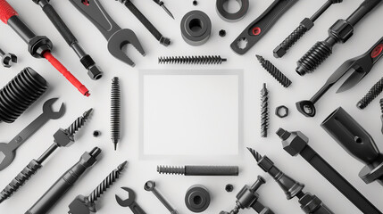 Assorted mechanical tools forming a geometric square on a white background.