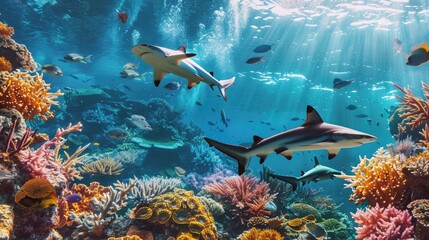 A school of reef sharks gliding through crystal-clear tropical waters, surrounded by vibrant coral and marine life