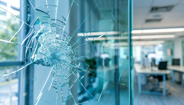 Close up of damaged office window with shattered glass, vandalism or accident concept